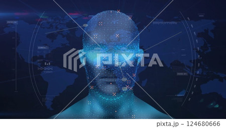 Image of digital human model over scope scanning with world map on black background 124680666