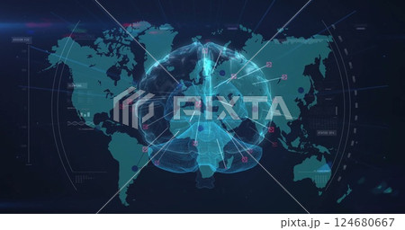 Image of digital brain over scope scanning with world map on black background Image of digital brain over scope scanning with world map on black background 124680667