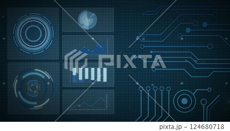 Image of scope and data processing over circuit board on screens Image of scope and data processing over circuit board on screens 124680718