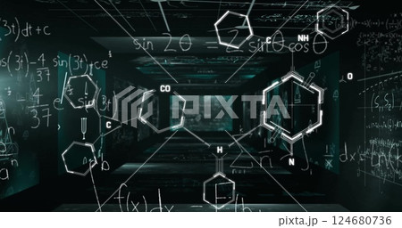 Image of element diagrams and mathematical equations over large interface screens Image of element diagrams and mathematical equations over large interface screens 124680736