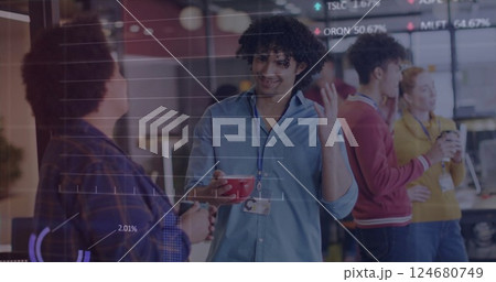 Image of financial data processing over diverse business people in office Image of financial data processing over diverse business people in office 124680749