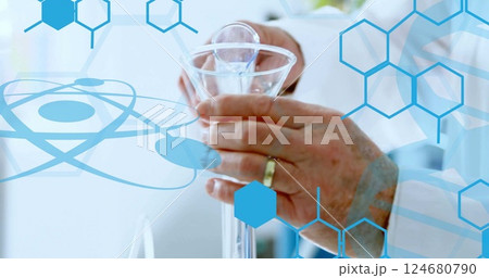 Image of chemical formula over caucasian male scientist doing experiment 124680790