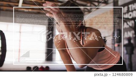 Image of digital data processing over biracial woman exercising in gym 124680809