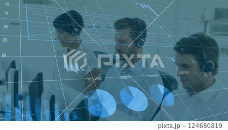 Image of financial data processing over diverse colleagues using phone headsets and computers 124680819