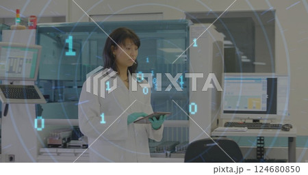 Image of data processing over biracial female scientist working in lab Image of data processing over biracial female scientist working in lab 124680850