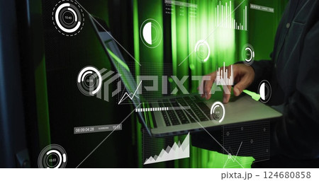 Image of data processing over biracial male worker using laptop in server room 124680858