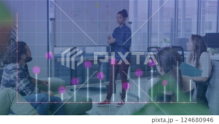 Image of diagrams over diverse colleagues talking in office 124680946