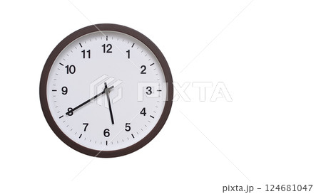 A simple round wall clock with a dark brown frame and a white face displaying 05:40/17:40. Isolated on a white background, perfect for time-related concepts, deadlines, and schedule themes. 124681047