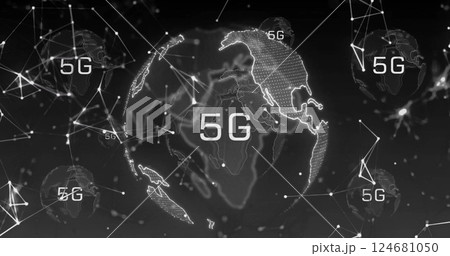 Image of globes with 5g and network of connections on black background Image of globes with 5g and network of connections on black background 124681050