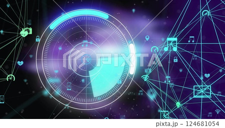Image of scope scanning and network of connections with icons on black background 124681054