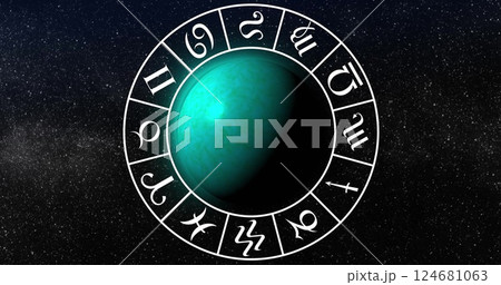 Image of circle with zodiac symbols over globe on black background 124681063