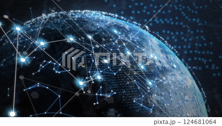 Image of globes with light spots and network of connections on black background 124681064