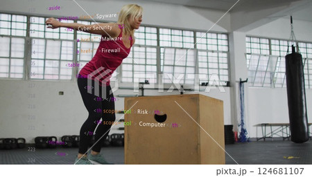 Image of data processing over caucasian woman jumping on chest at gym 124681107