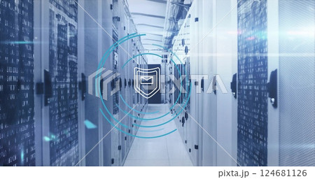 Image of shield icon and digital data processing over computer servers Image of shield icon and digital data processing over computer servers 124681126