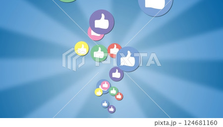 Image of thumbs up icons flying over blue background 124681160