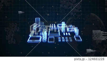Image of computer circuit board and data processing over globe on black background 124681228