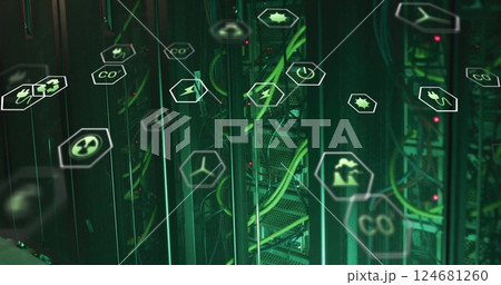 Image of ecology icons over server room 124681260