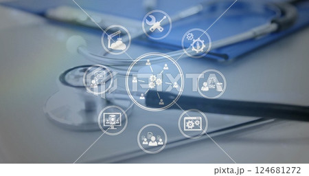 Image of media icons over clipboard and stethoscope Image of media icons over clipboard and stethoscope 124681272