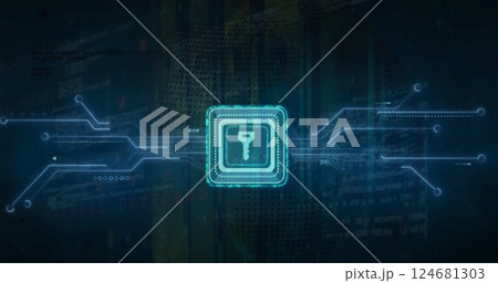 Image of key icon and digital data processing over computer circuit board Image of key icon and digital data processing over computer circuit board 124681303