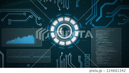 Image of data processing and scope scanning over black background Image of data processing and scope scanning over black background 124681342