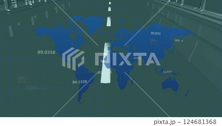 Image of data processing and world map over digital road 124681368