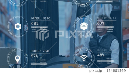 Image of data processing and media icons over caucasian male worker in turret truck in warehouse 124681369