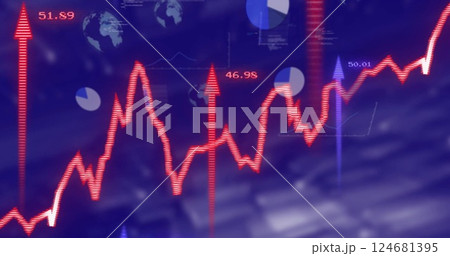 Image of financial data processing and arrows over blue background 124681395
