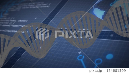 Image of dna strand over diagrams and data processing 124681399