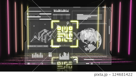 Image of qr code and data processing over neon lines Image of qr code and data processing over neon lines 124681422