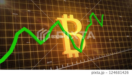 Image of green line and financial data processing over bitcoin sign 124681426