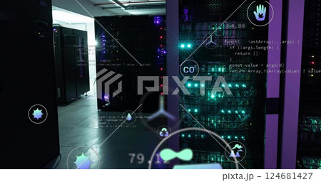 Image of digital icons and data processing over computer servers 124681427
