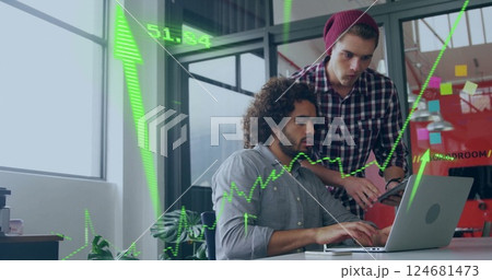 Image of financial data processing over diverse colleagues discussing work in office 124681473