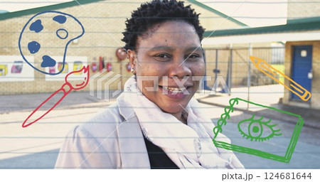 Image of school items icons over biracial female teacher at school 124681644