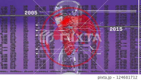 Image of globe with data processing over hourglass on purple background Image of globe with data processing over hourglass on purple background 124681712