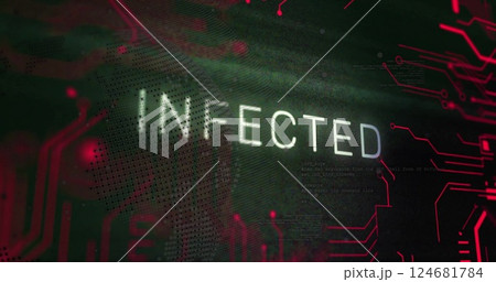Image of infected text and digital data processing over black background Image of infected text and digital data processing over black background 124681784