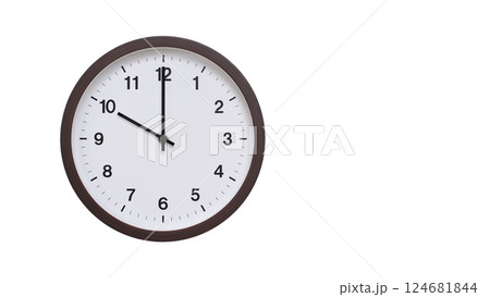 A simple round wall clock with a dark brown frame and a white face displaying 10:00/22:00. Isolated on a white background, perfect for time-related concepts, deadlines, and schedule themes. 124681844
