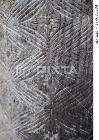 Close-up of weathered wooden carving at Toshogu Shrine in Nikko 124681884