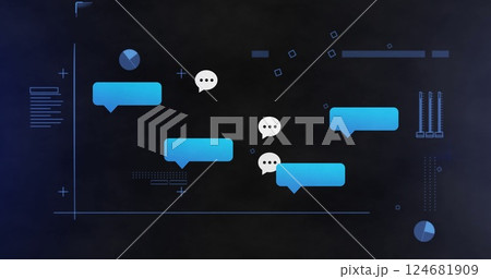 Image of media icons and diagrams on black background Image of media icons and diagrams on black background 124681909