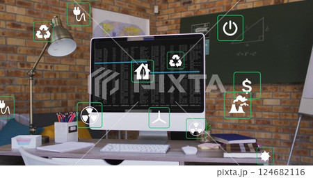 Image of ecology icons over office and data processing 124682116