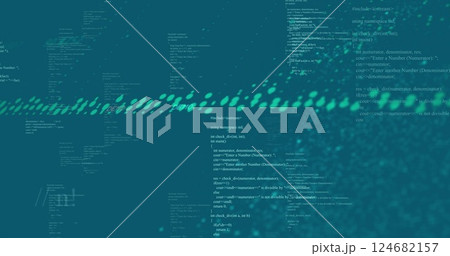 Computer code and binary data processing image over teal background 124682157