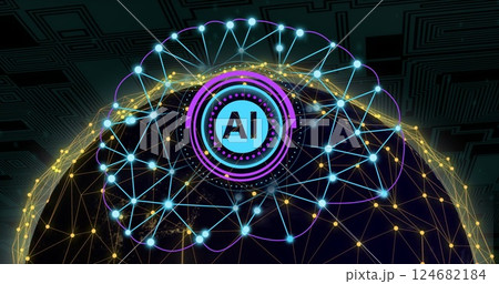 AI text and network connections image over digital globe 124682184