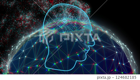 AI brain and neural network connections image over digital landscape 124682185