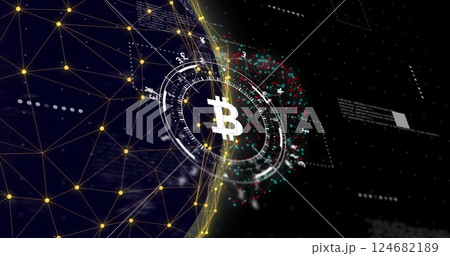 Bitcoin symbol with digital network and data processing image over globe 124682189