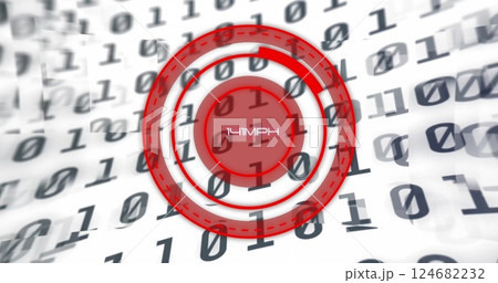 Speedometer reading 165MPH over binary code background in image 124682232
