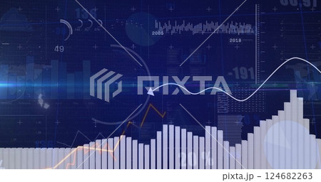 Financial data charts and graphs image over blue background with various metrics Financial data charts and graphs image over blue background with various metrics 124682263