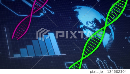 DNA strands and data charts image over world map background 124682304