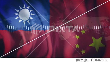 Stock market data image over Taiwan and China flags with world map background 124682320