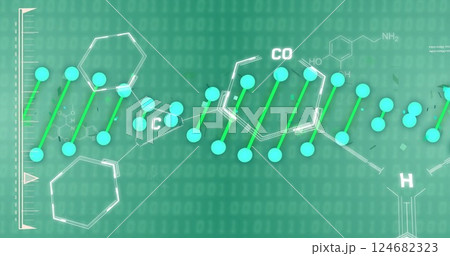 Chemical structure image over binary coding background Chemical structure image over binary coding background 124682323