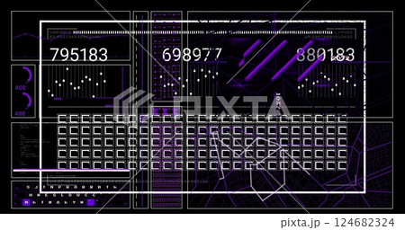 Image of data processing and diagrams on black background Image of data processing and diagrams on black background 124682324