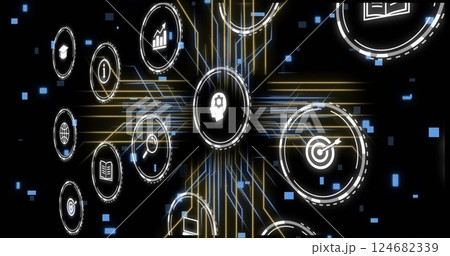 Icons representing various concepts and data processing image over dark background Icons representing various concepts and data processing image over dark background 124682339